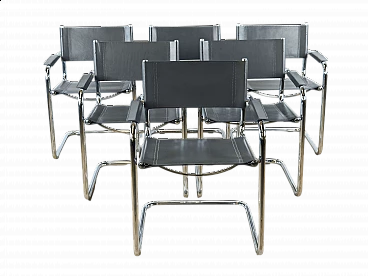 6 Bauhaus style armchairs in tubular steel and gray leather, 1970s