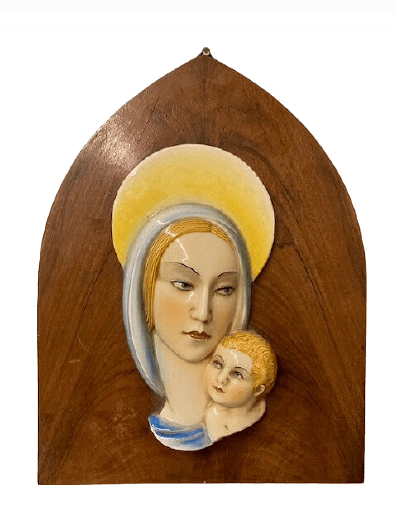 Placca in maiolica policroma raffigurante Madonna e bambino, anni '40 11