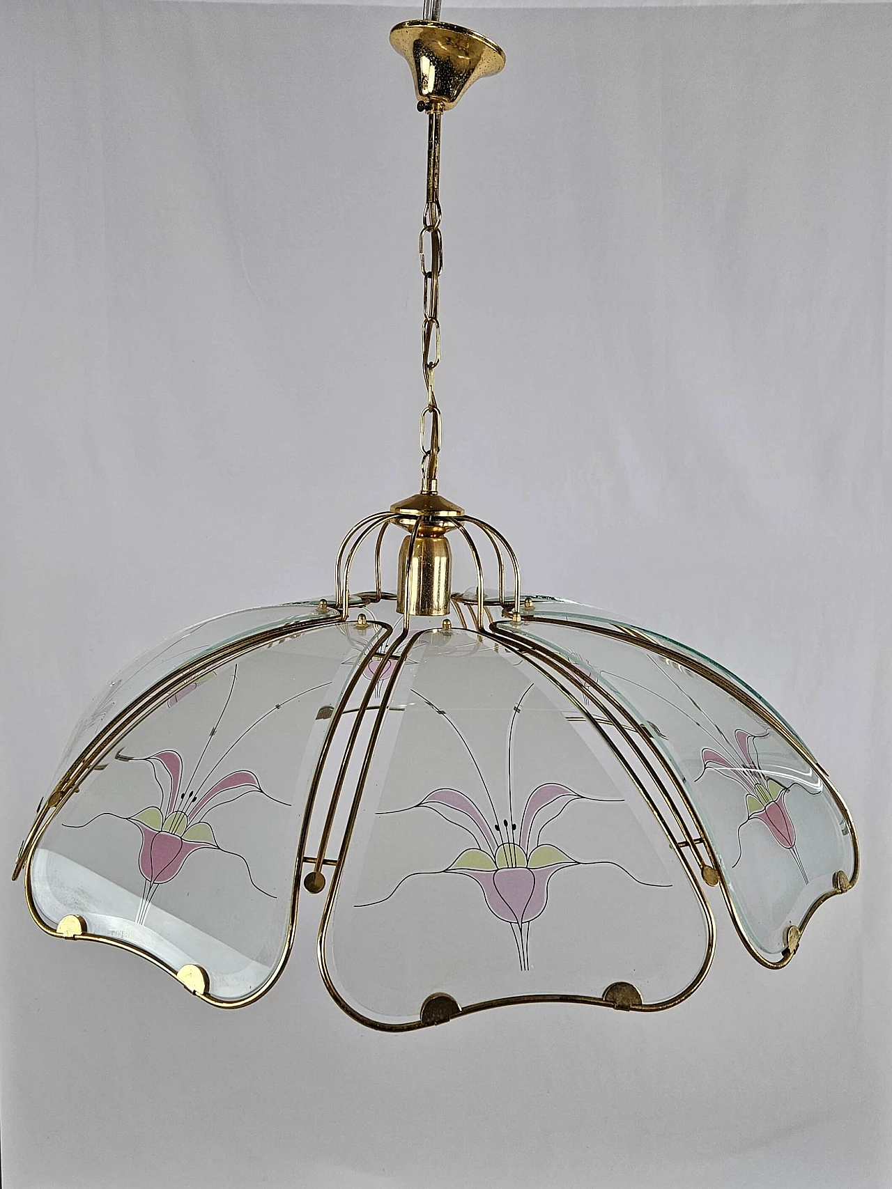 Brass and frosted glass chandelier with floral decorations in Art Nouveau style, 1970s 1