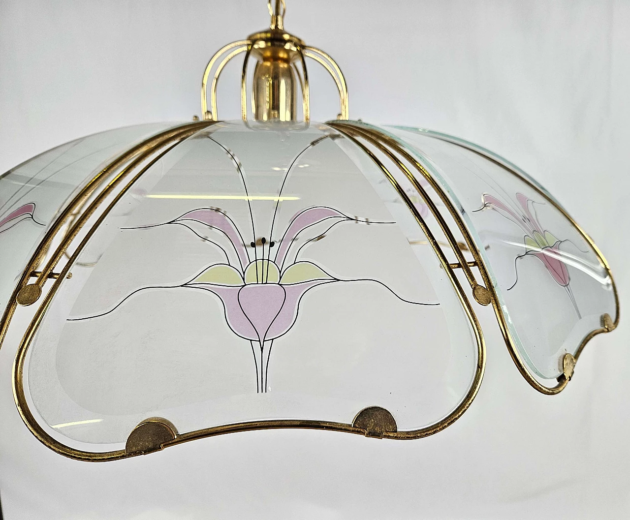 Brass and frosted glass chandelier with floral decorations in Art Nouveau style, 1970s 2