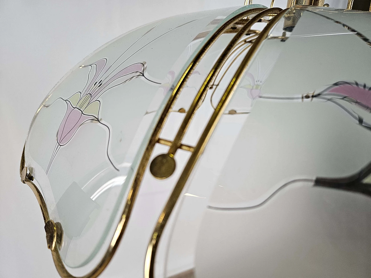 Brass and frosted glass chandelier with floral decorations in Art Nouveau style, 1970s 6