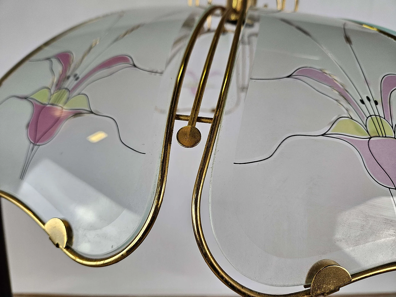 Brass and frosted glass chandelier with floral decorations in Art Nouveau style, 1970s 7