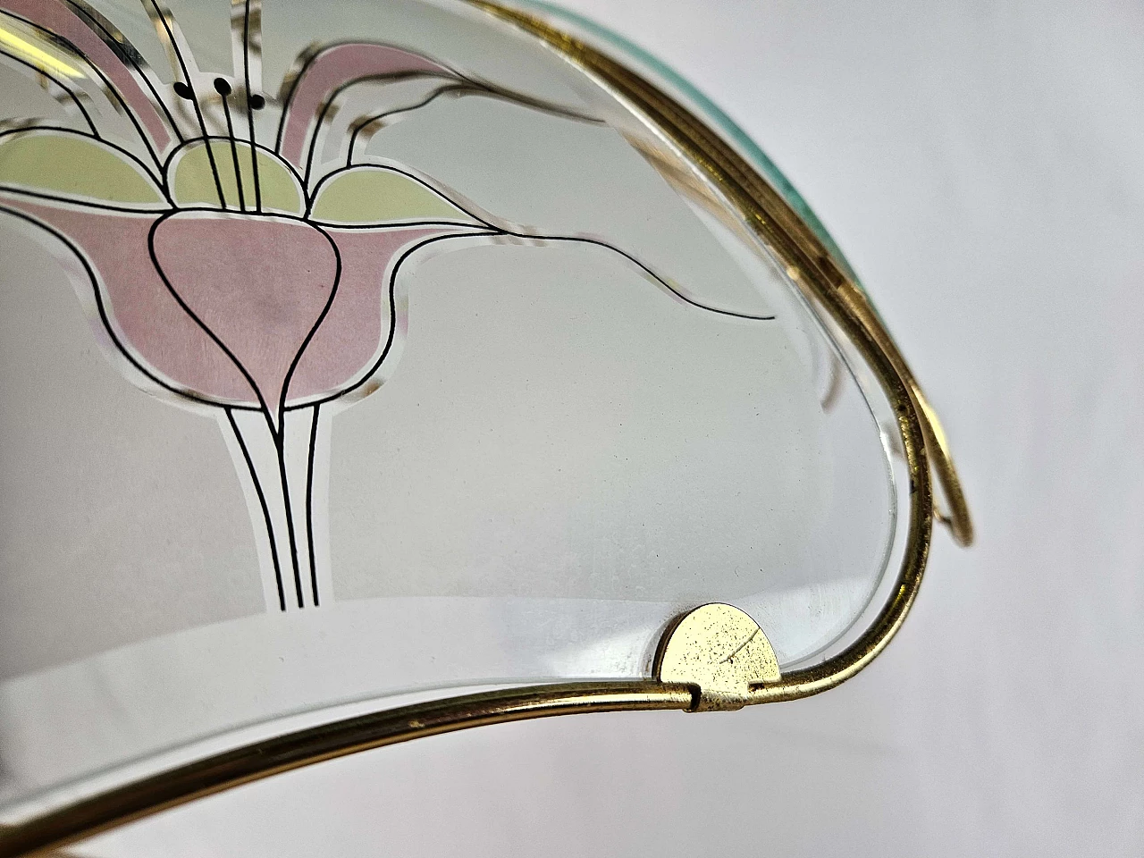 Brass and frosted glass chandelier with floral decorations in Art Nouveau style, 1970s 10