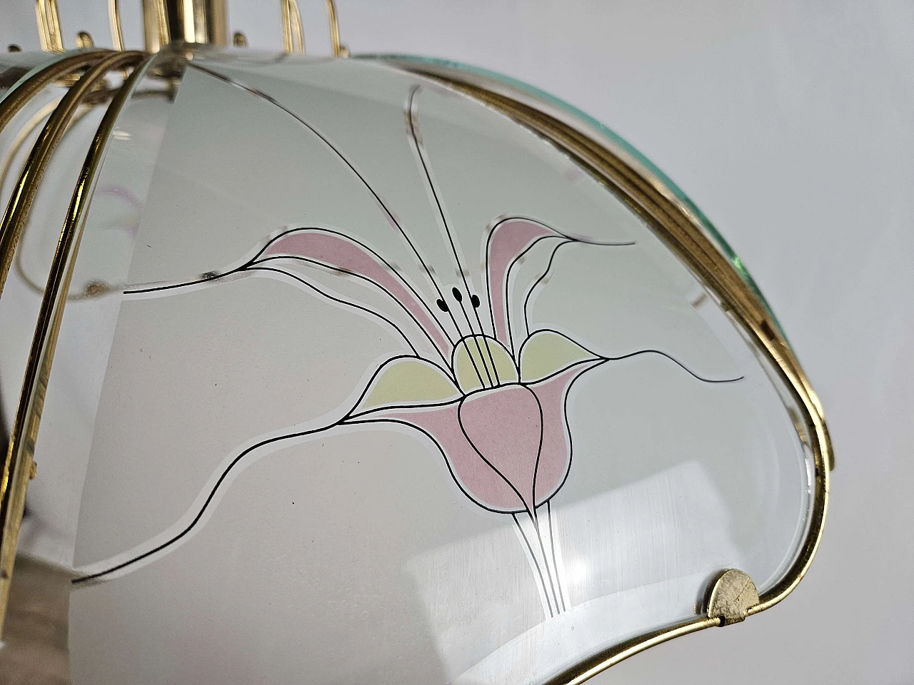 Brass and frosted glass chandelier with floral decorations in Art Nouveau style, 1970s 11