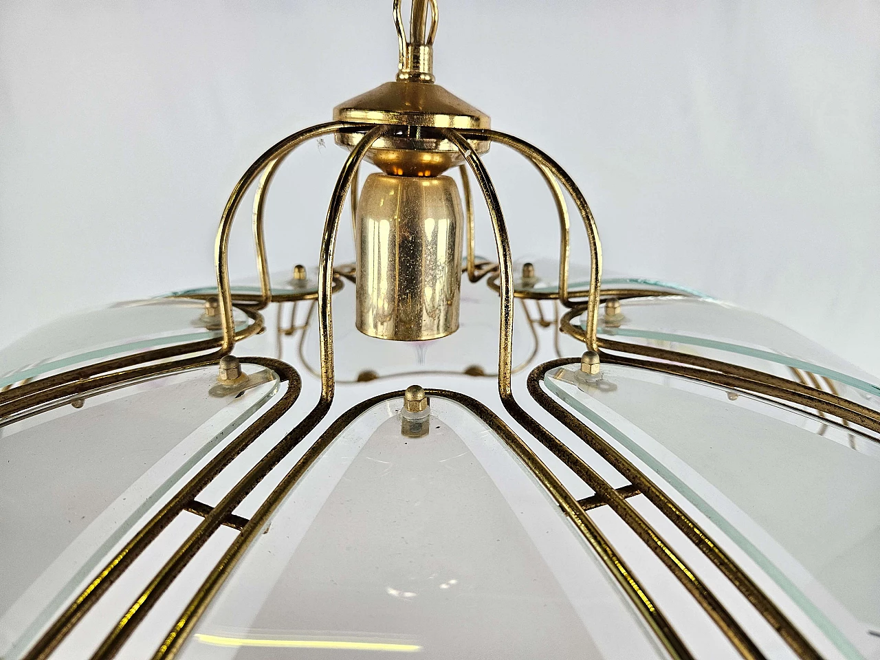 Brass and frosted glass chandelier with floral decorations in Art Nouveau style, 1970s 12