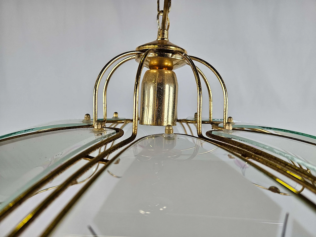 Brass and frosted glass chandelier with floral decorations in Art Nouveau style, 1970s 13