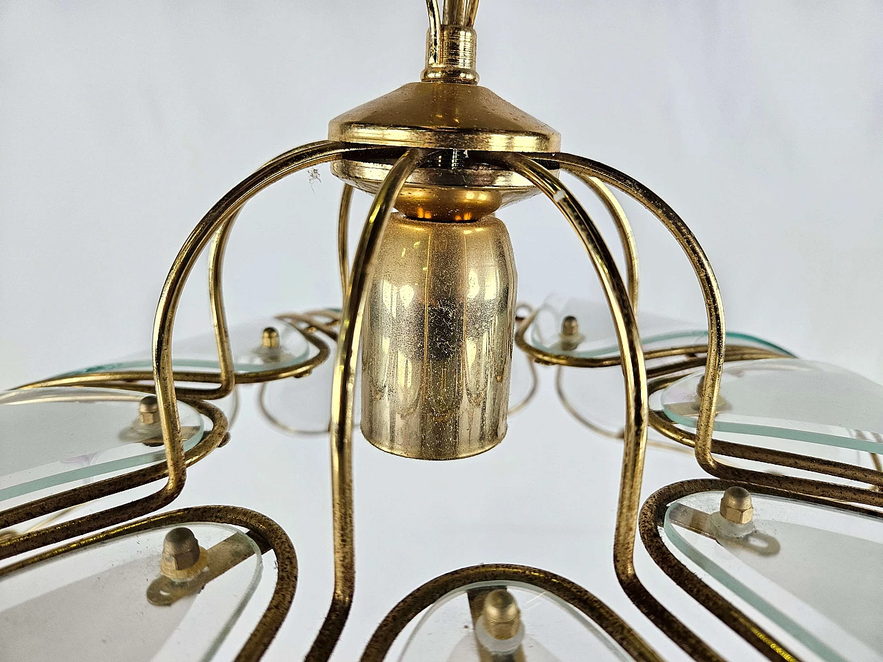 Brass and frosted glass chandelier with floral decorations in Art Nouveau style, 1970s 14