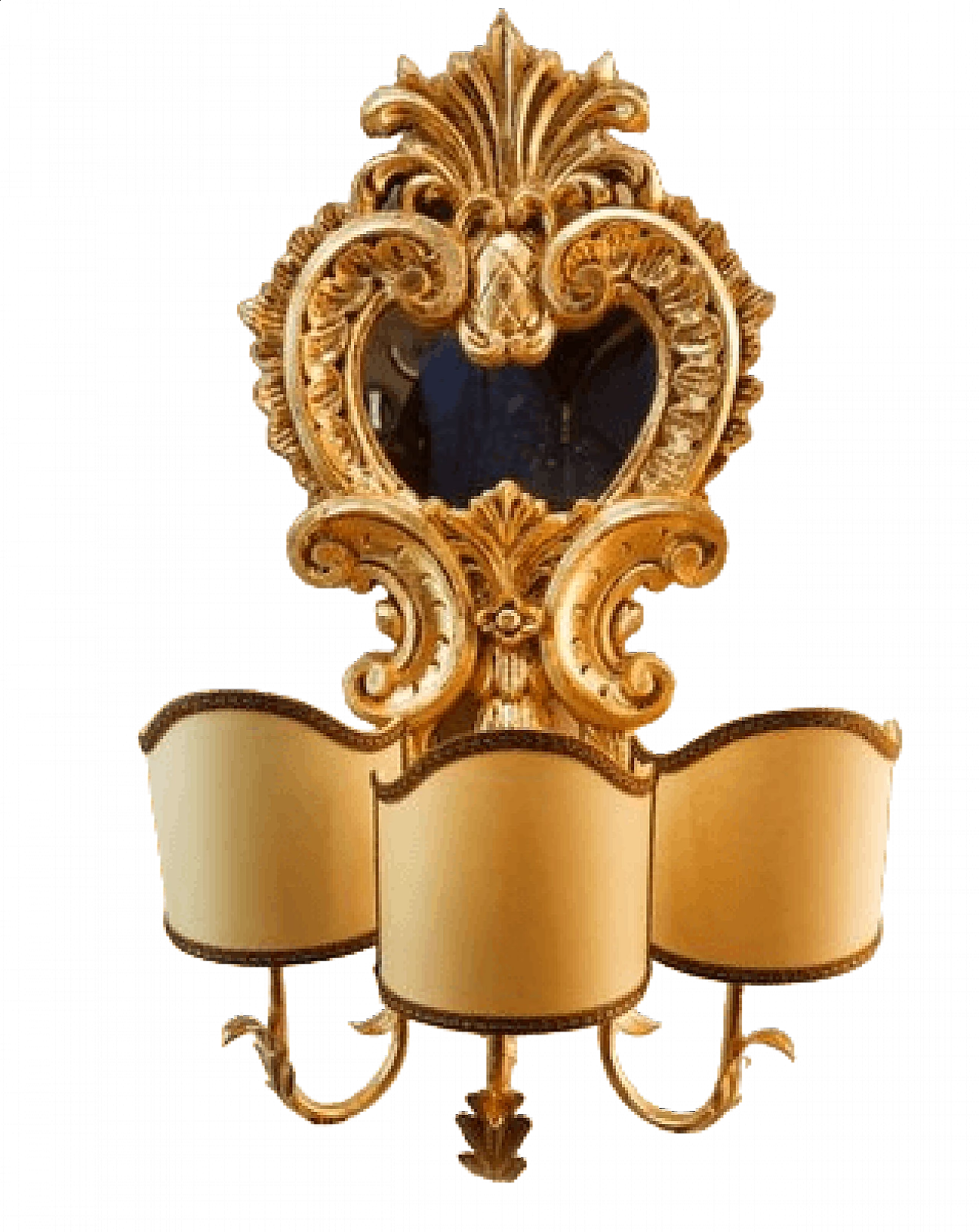 Applique a tre luci in legno dorato e pergamena con specchio, anni '60 25