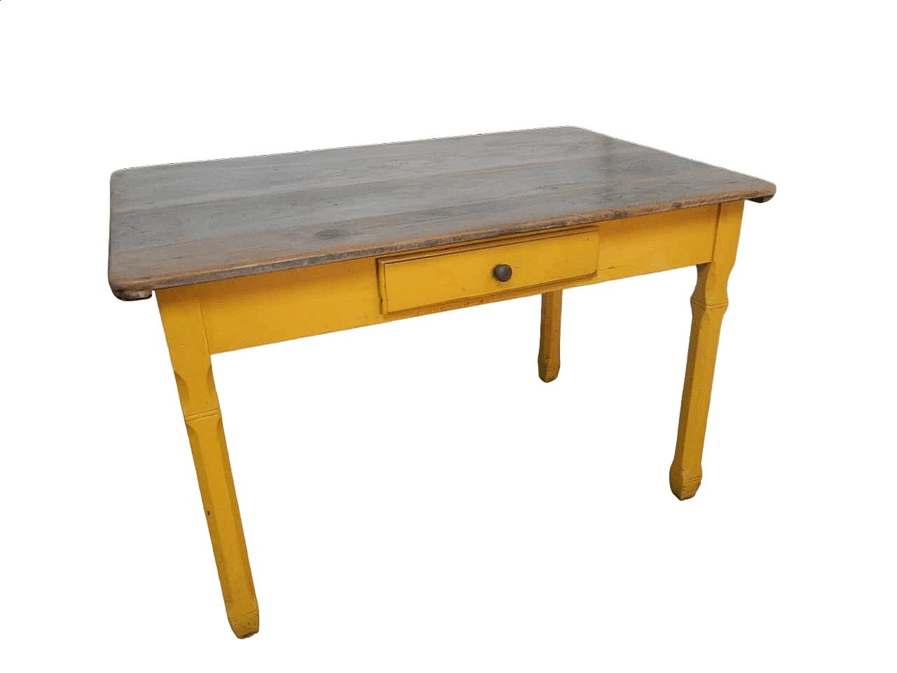 Tavolo in abete verniciato giallo con piano in castagno, anni '60 12