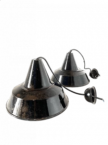 Pair of industrial black and white steel hanging lamps, 1950s
