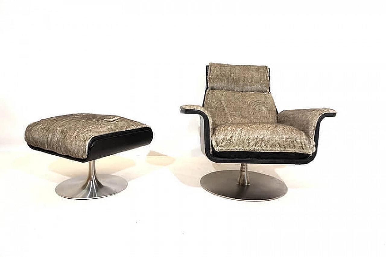 Poltrona lounge Kaufeld Siesta 62 con pouf di Jacques Brule, anni '60 11