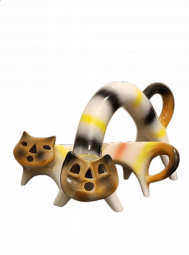 Coppia di gatti in ceramica colorata di Roberto Rigon, anni '70