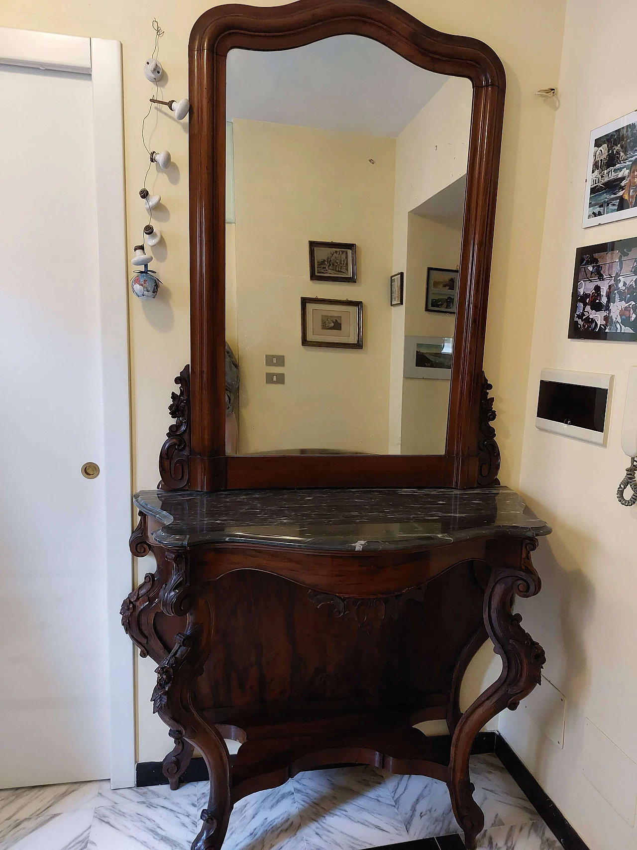 Consolle con specchio Luigi Filippo in noce e marmo, '800 1