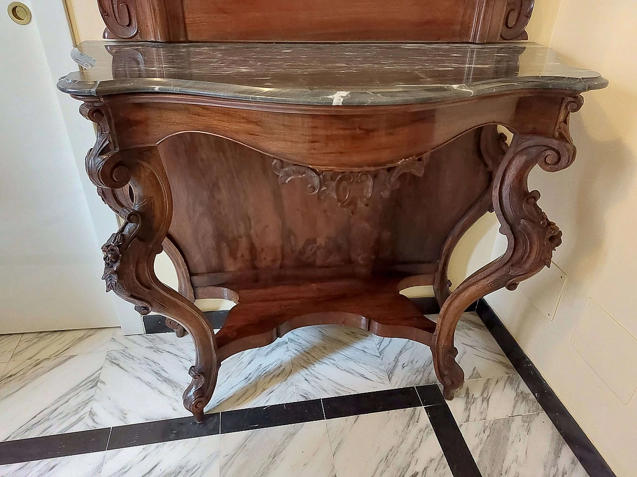 Consolle con specchio Luigi Filippo in noce e marmo, '800 2