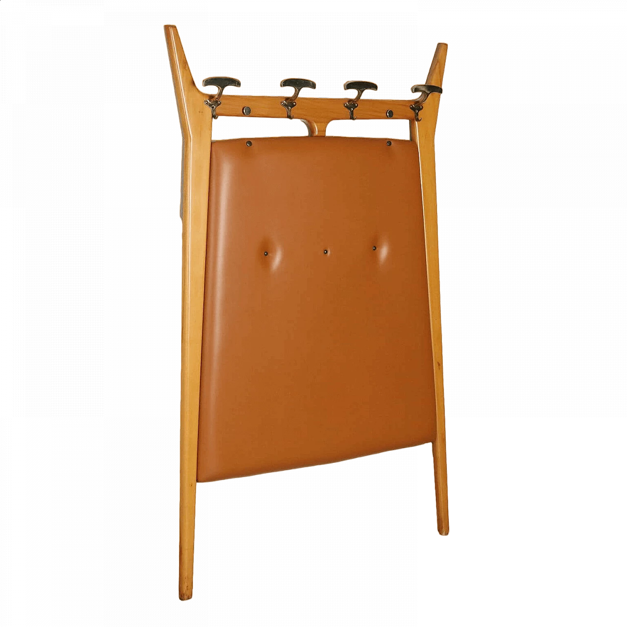 Beech and brass wall-mounted coat rack with leatherette covering, 1950s 8