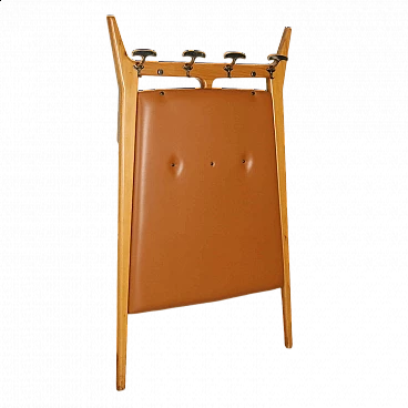 Beech and brass wall-mounted coat rack with leatherette covering, 1950s