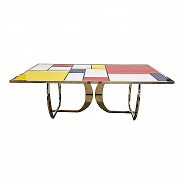 Mondrian-style brass and multicolored Murano glass table, 1980s