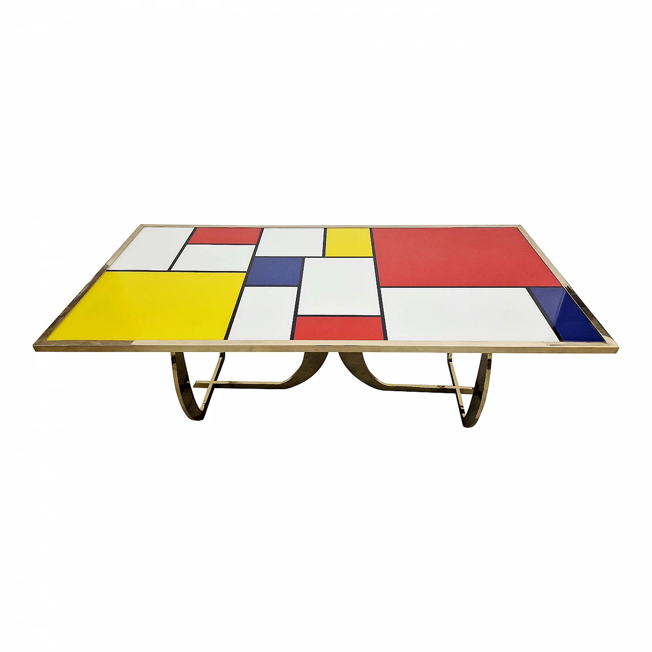 Tavolo stile Mondrian in ottone e vetro di Murano multicolore, anni '80 3