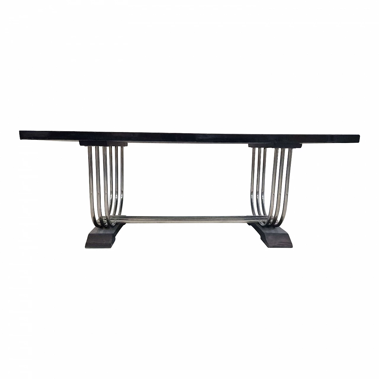 Tavolo stile Art Déco in legno laccato e acciaio cromato, anni '80 1