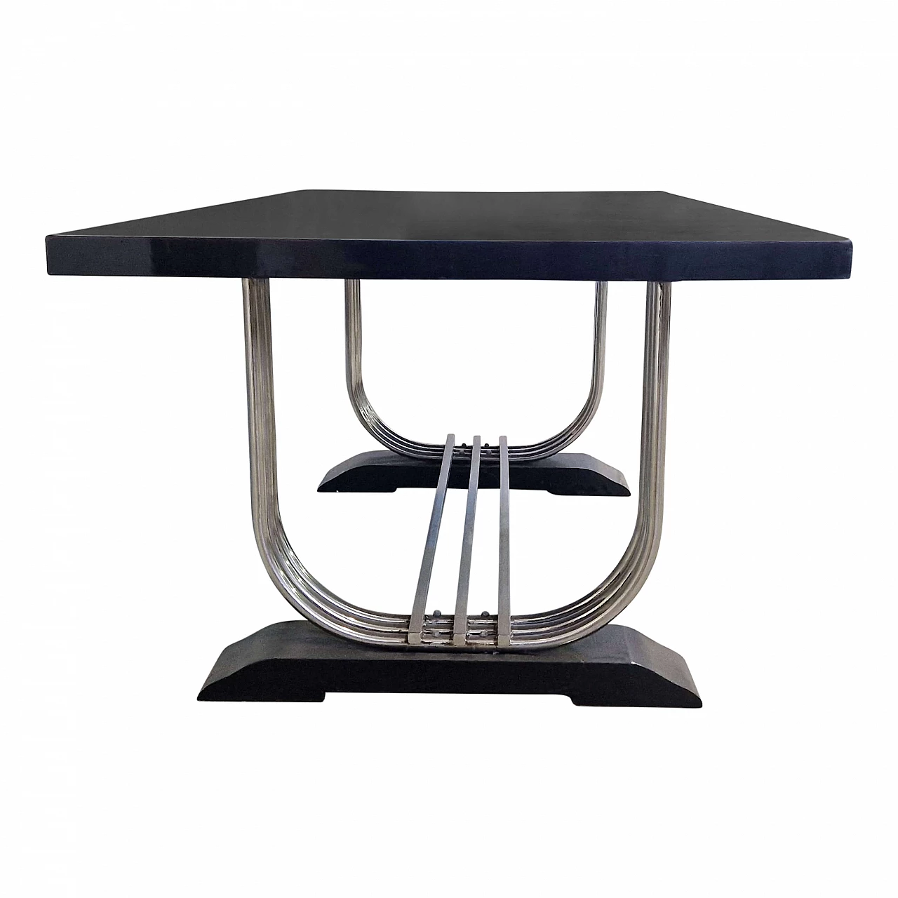 Tavolo stile Art Déco in legno laccato e acciaio cromato, anni '80 4