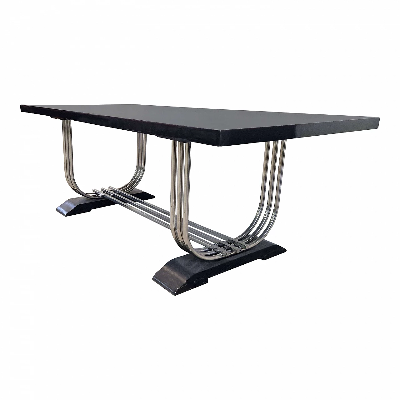Tavolo stile Art Déco in legno laccato e acciaio cromato, anni '80 5