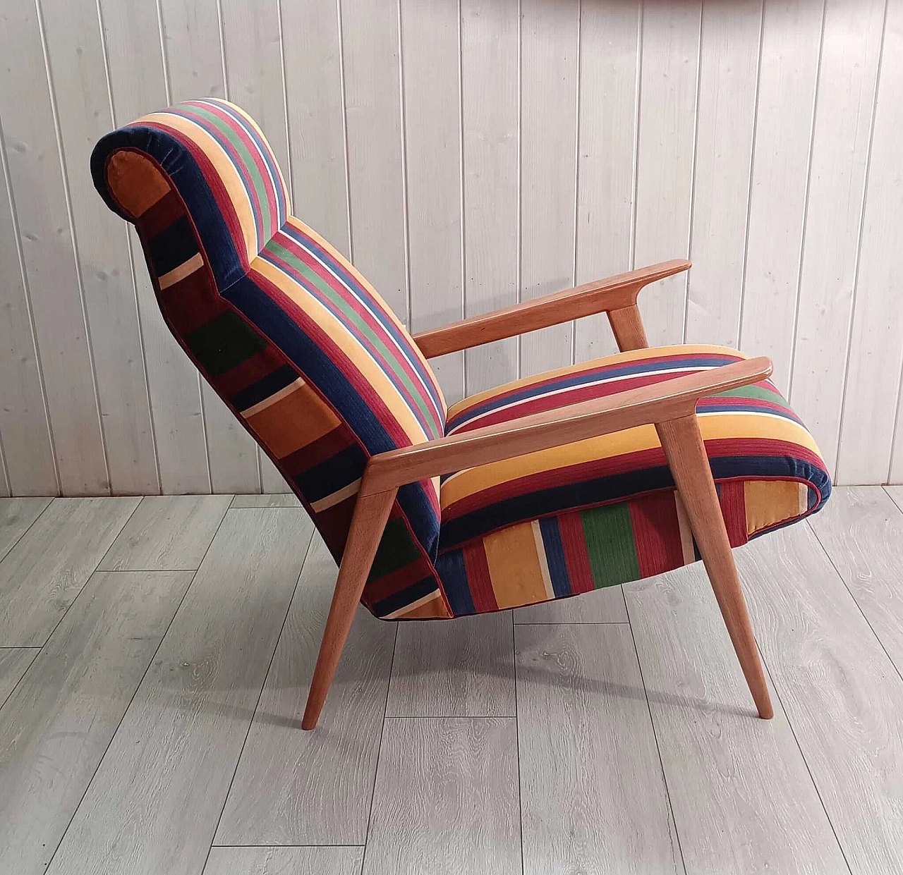 Scandinavian wood and multicolored striped fabric armchair, 1940s 1