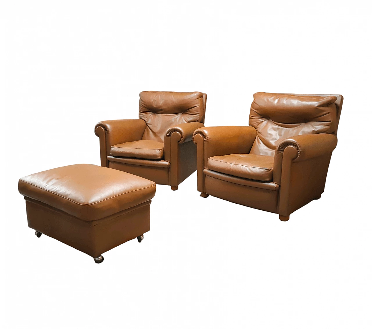 Coppia di poltrone e pouf in pelle di Poltrona Frau, anni '80 1