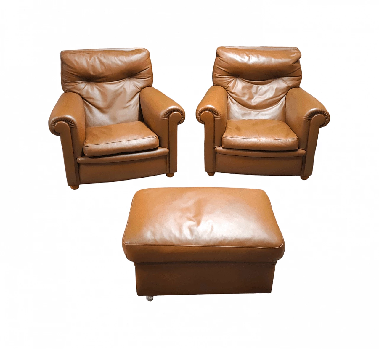 Coppia di poltrone e pouf in pelle di Poltrona Frau, anni '80 6