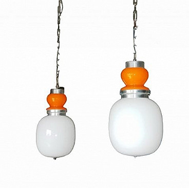Pair of glass and metal pendant lamps, 1970s