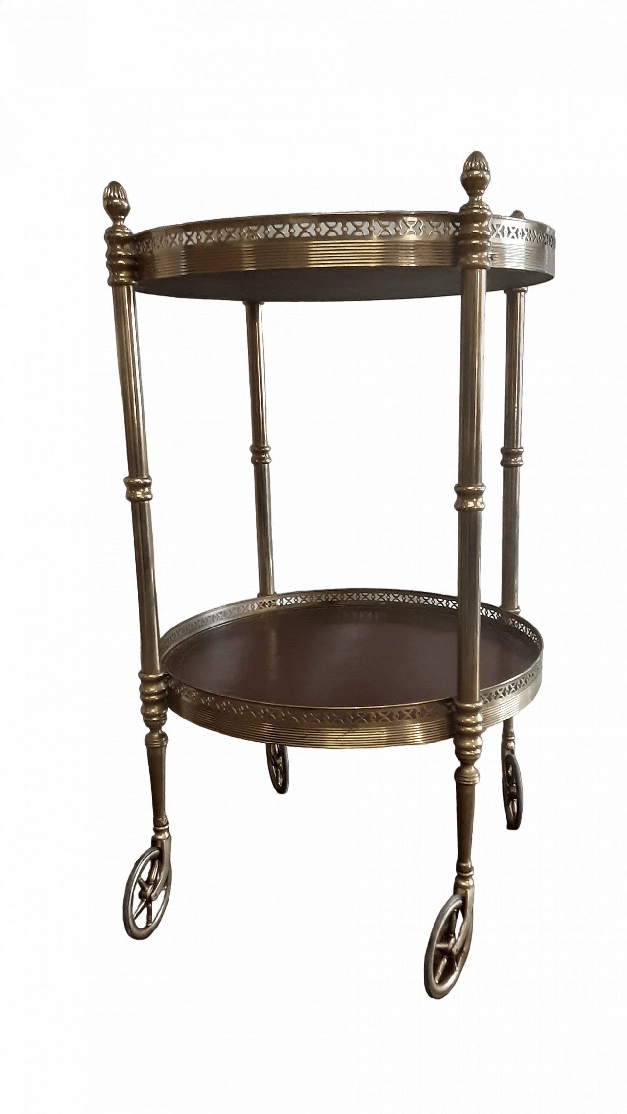 Carrello in metallo dorato e cuoio, anni '60 10