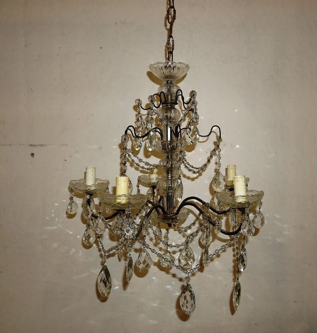 Five-light metal and crystal chandelier, 1940s 1