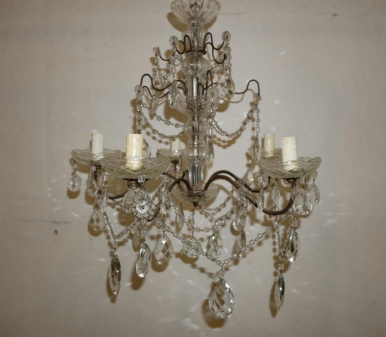 Five-light metal and crystal chandelier, 1940s 2