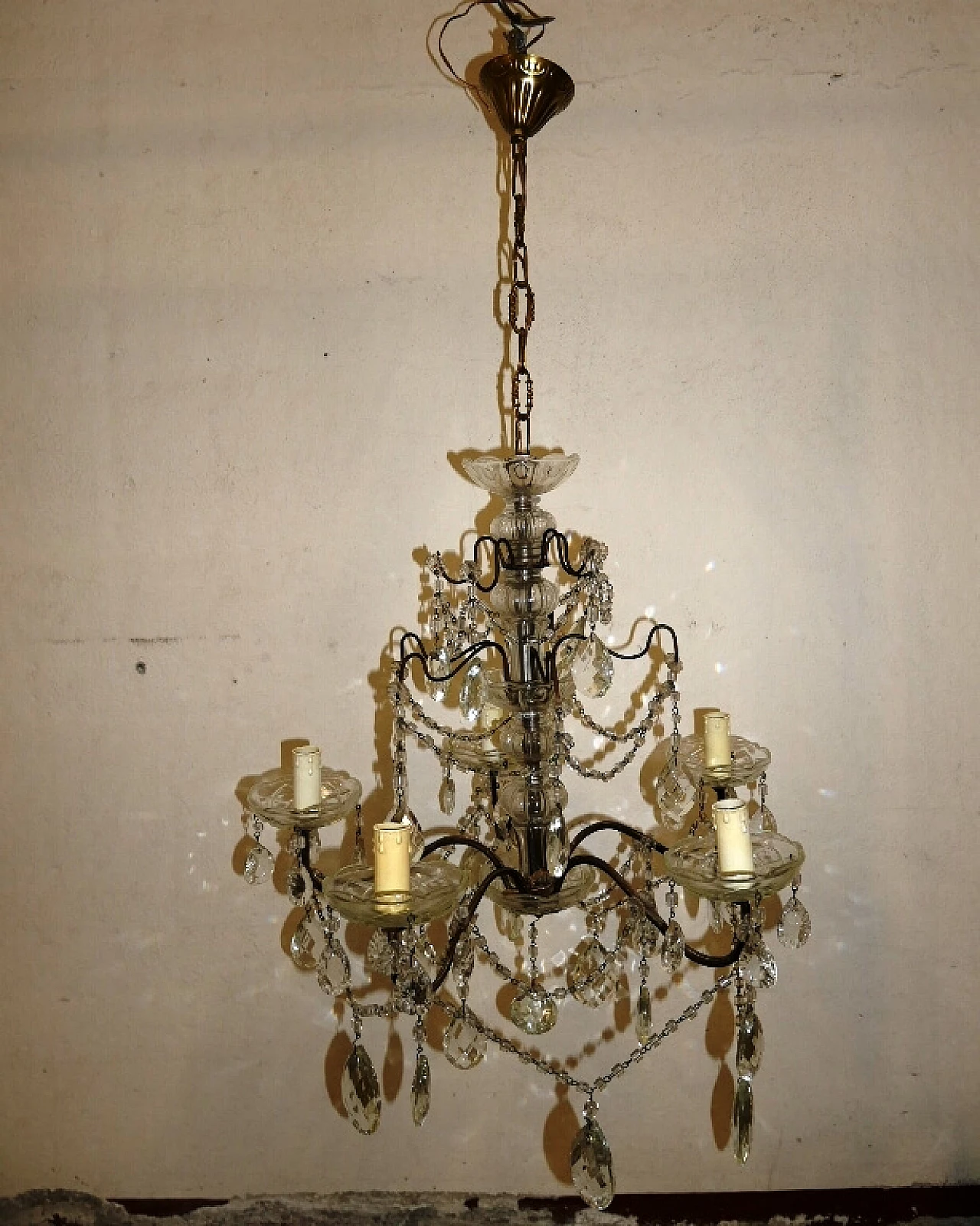 Five-light metal and crystal chandelier, 1940s 4