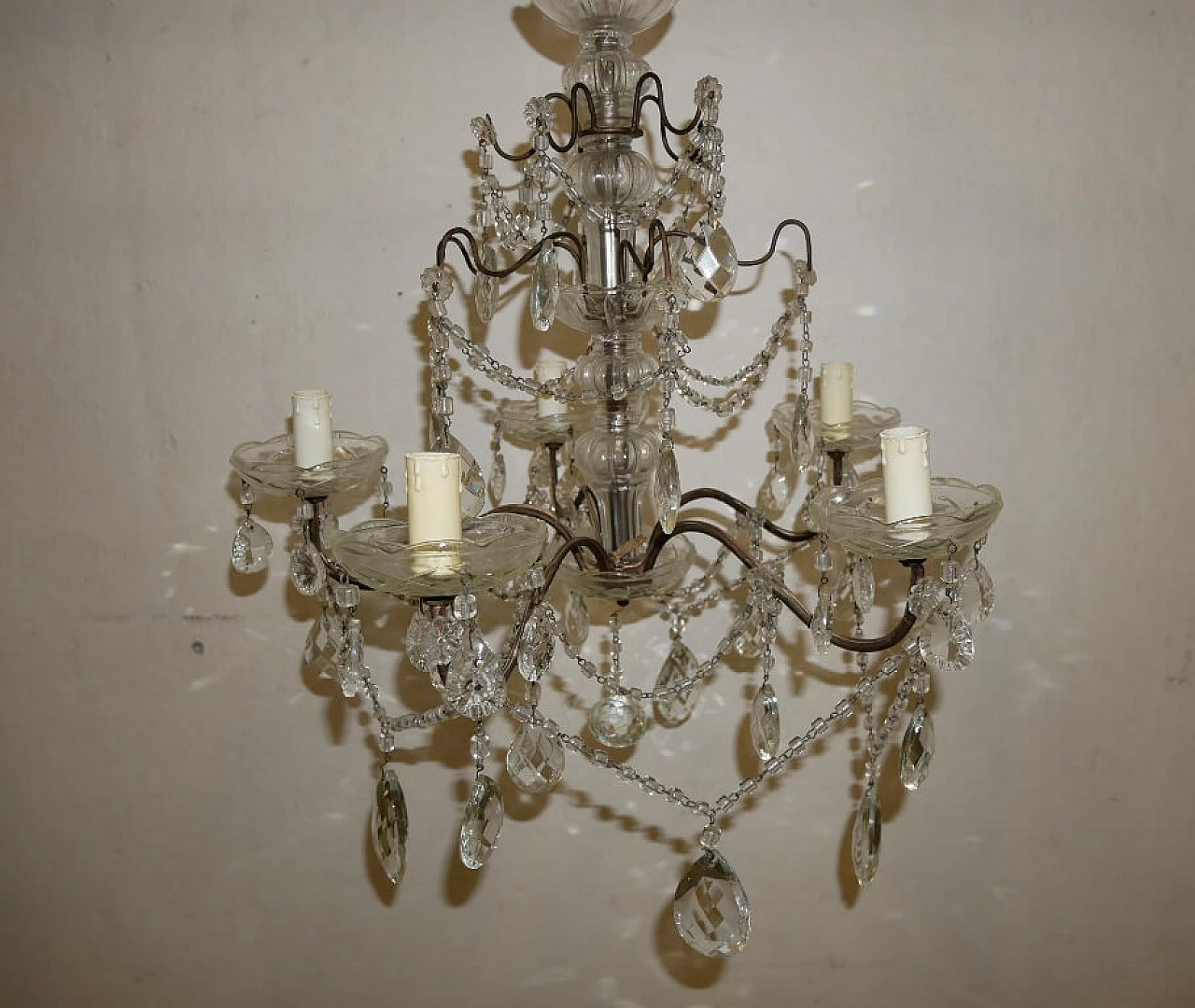 Five-light metal and crystal chandelier, 1940s 5