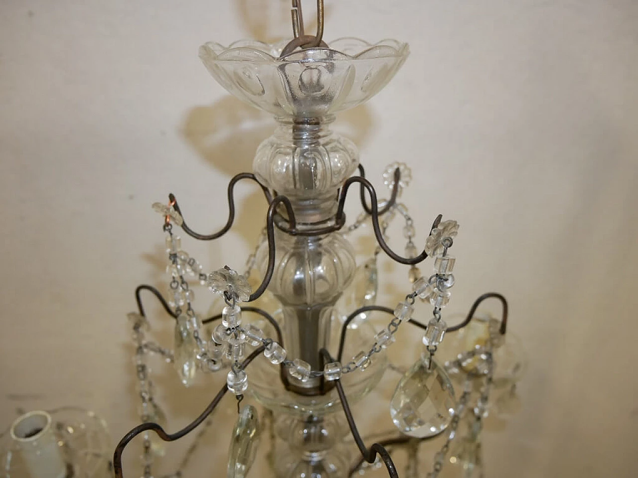 Five-light metal and crystal chandelier, 1940s 6