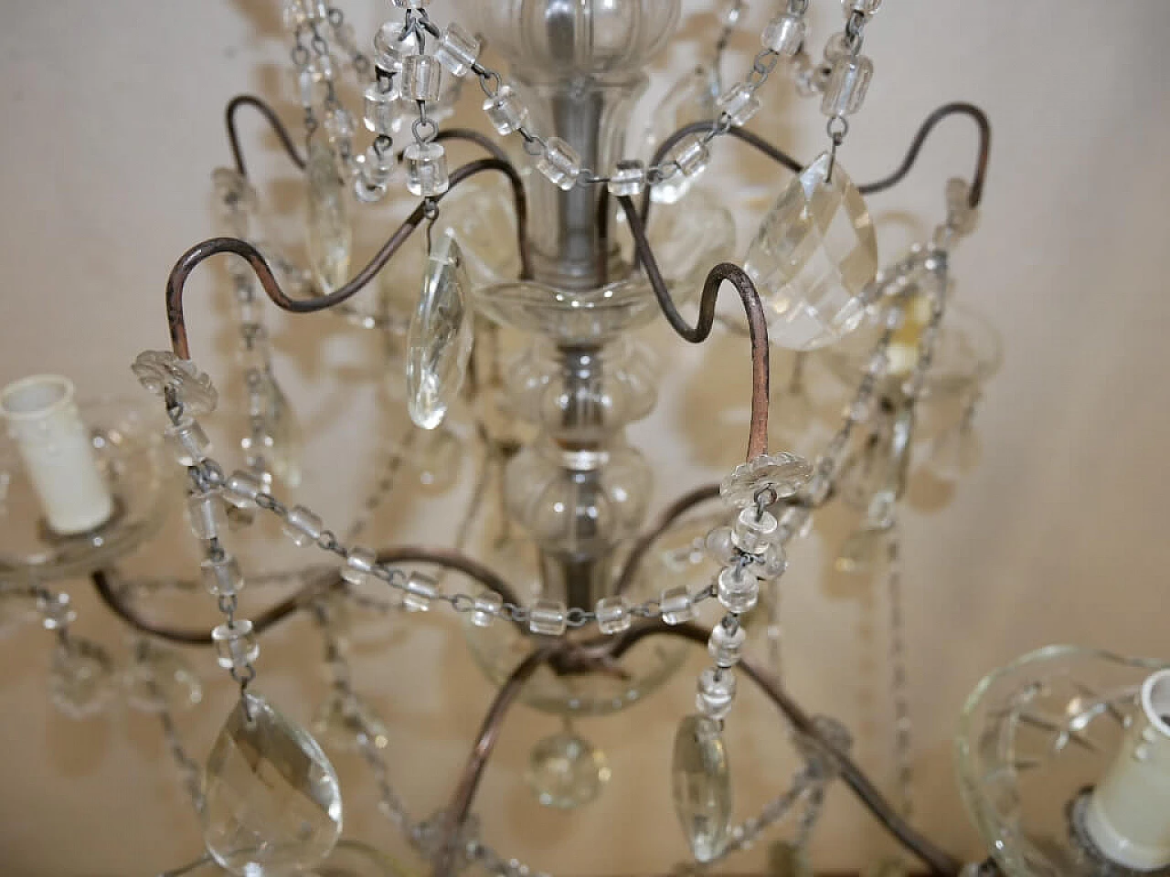 Five-light metal and crystal chandelier, 1940s 7