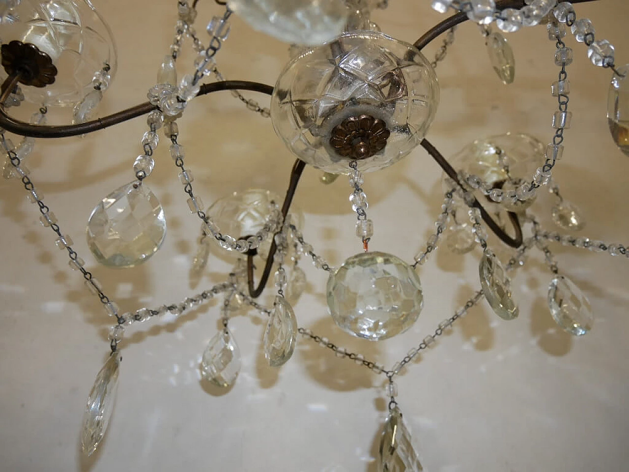 Five-light metal and crystal chandelier, 1940s 9
