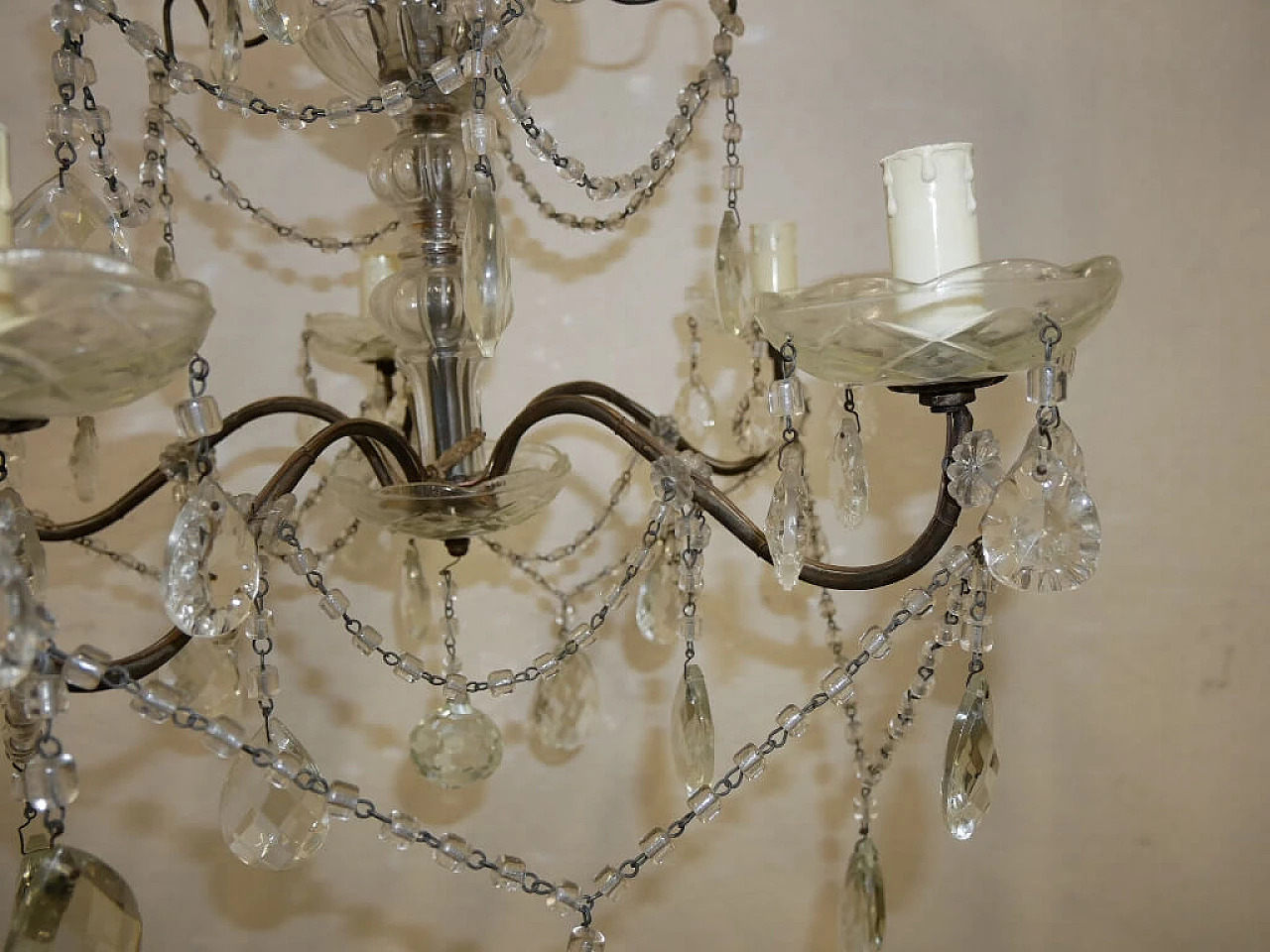 Five-light metal and crystal chandelier, 1940s 10