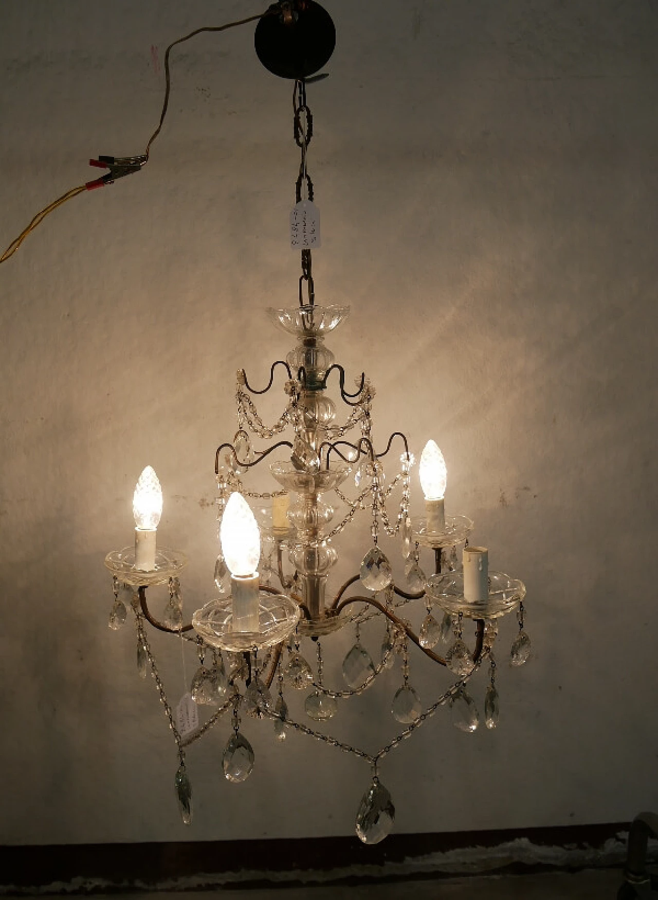 Five-light metal and crystal chandelier, 1940s 13