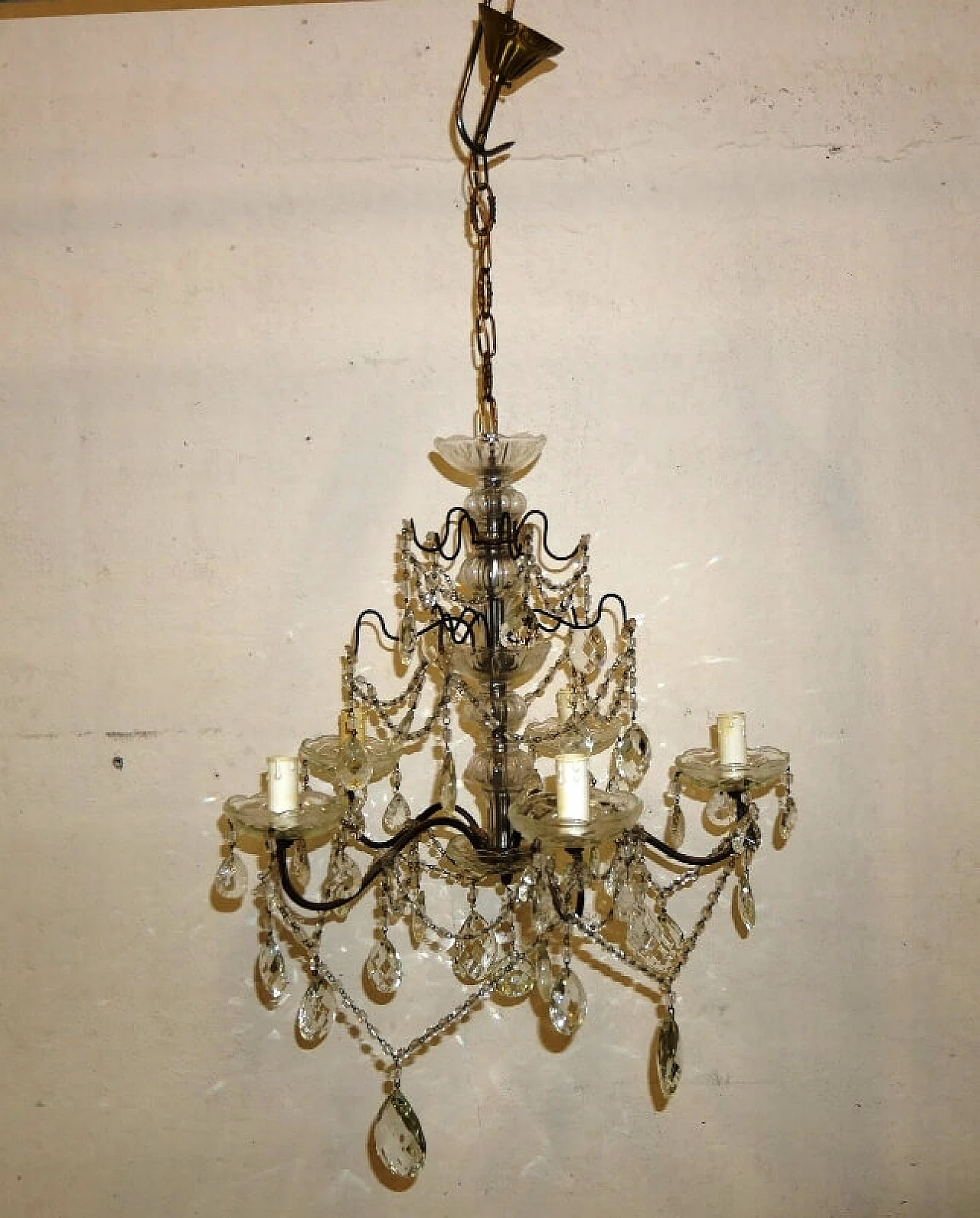 Lampadario a cinque luci in metallo e cristallo, anni '40 14