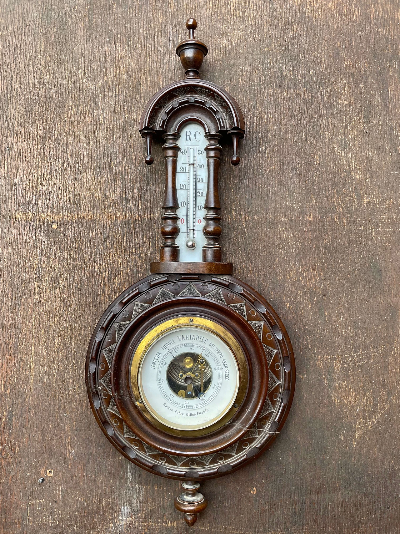 Wood, ceramic and brass barometer, early 20th century 1