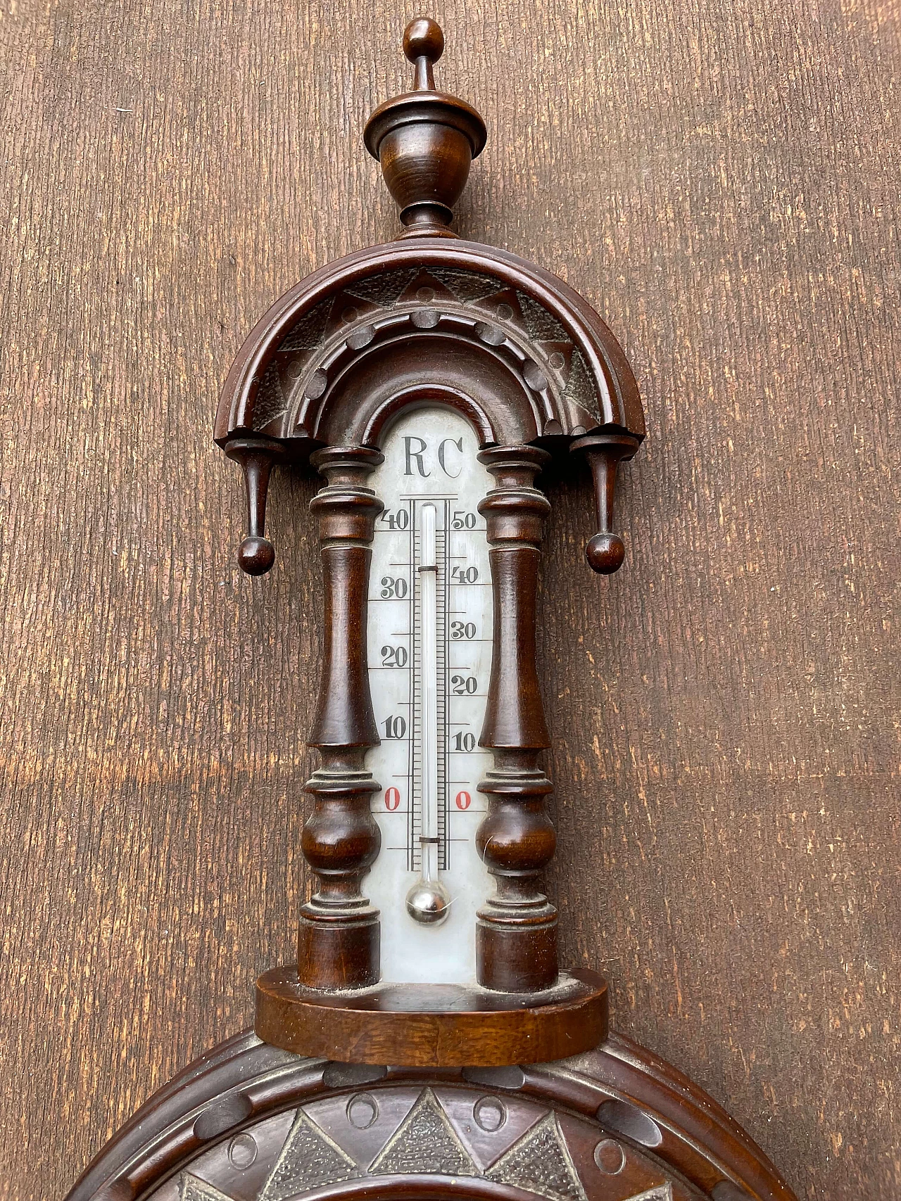 Wood, ceramic and brass barometer, early 20th century 2