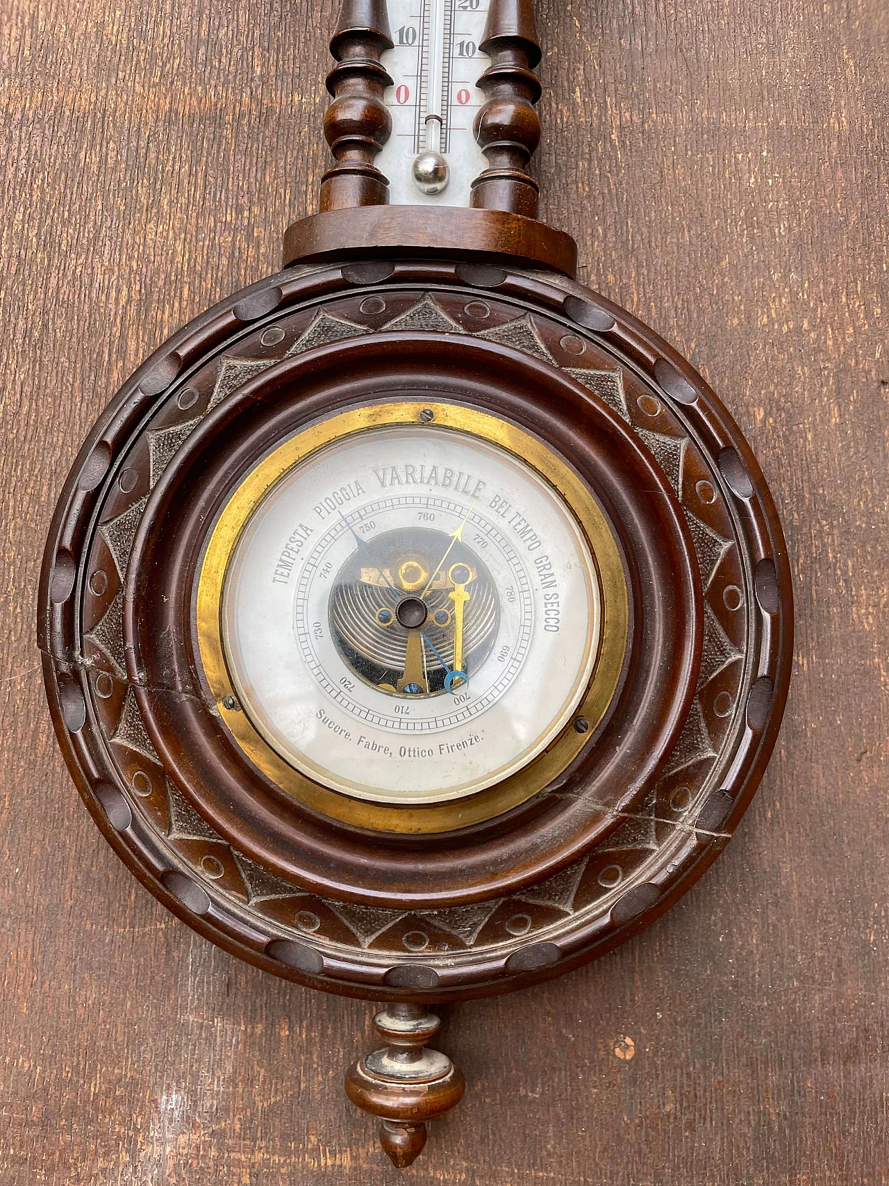Wood, ceramic and brass barometer, early 20th century 3