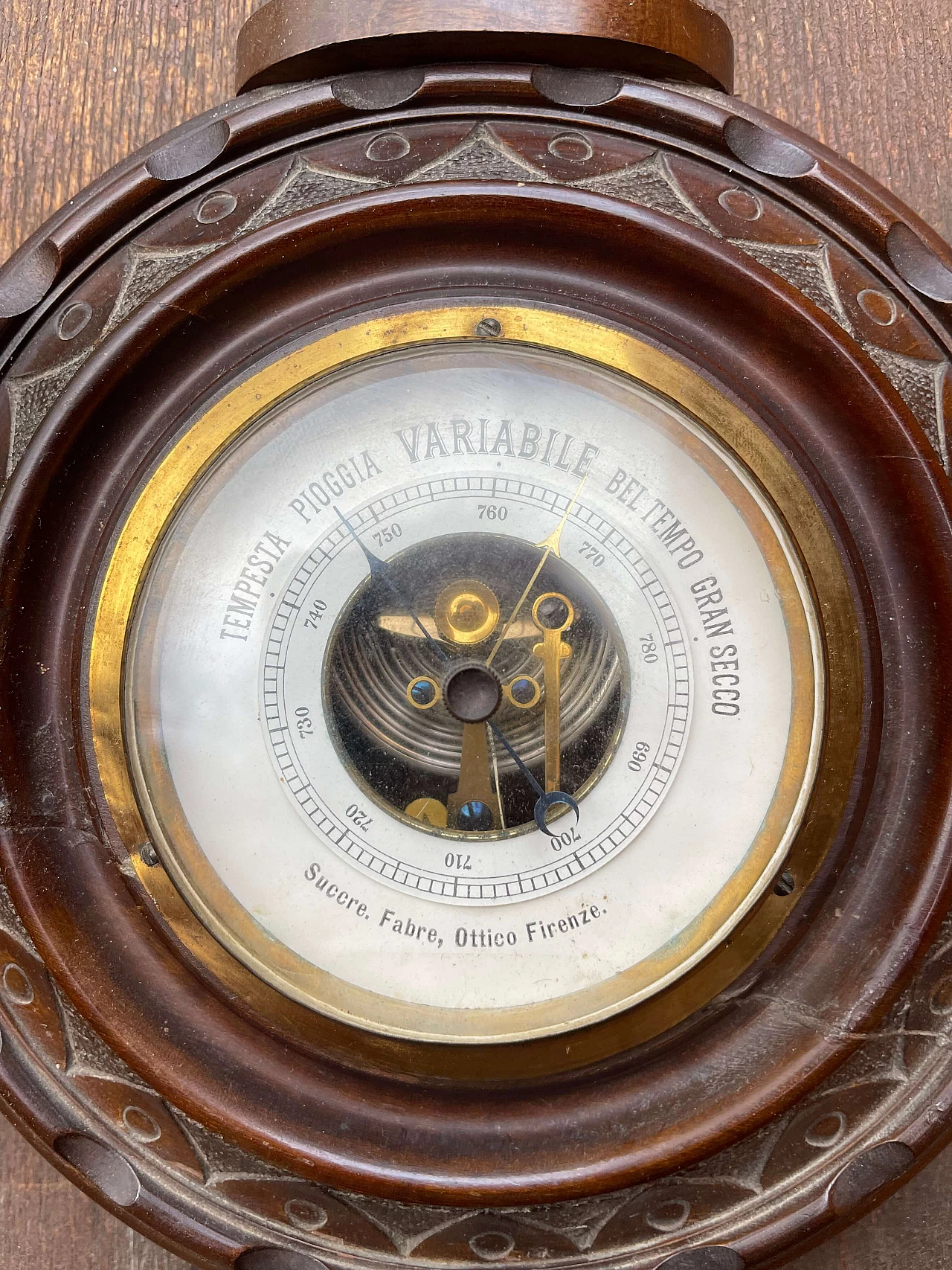 Wood, ceramic and brass barometer, early 20th century 5