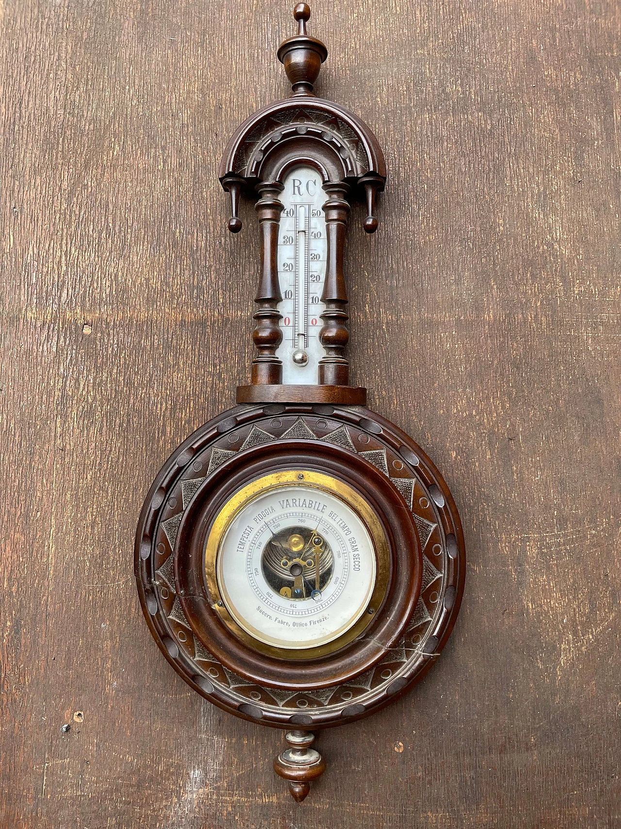 Wood, ceramic and brass barometer, early 20th century 10