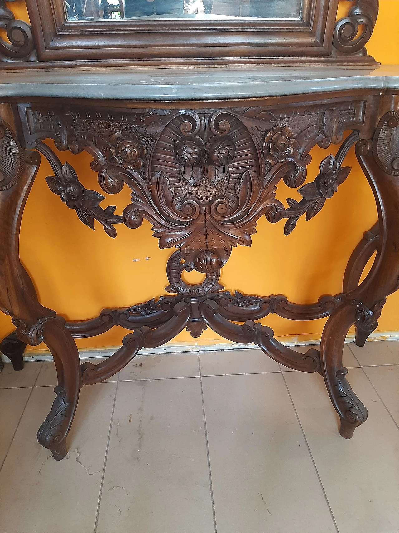 Walnut console with mirror and marble top, late 19th century 2