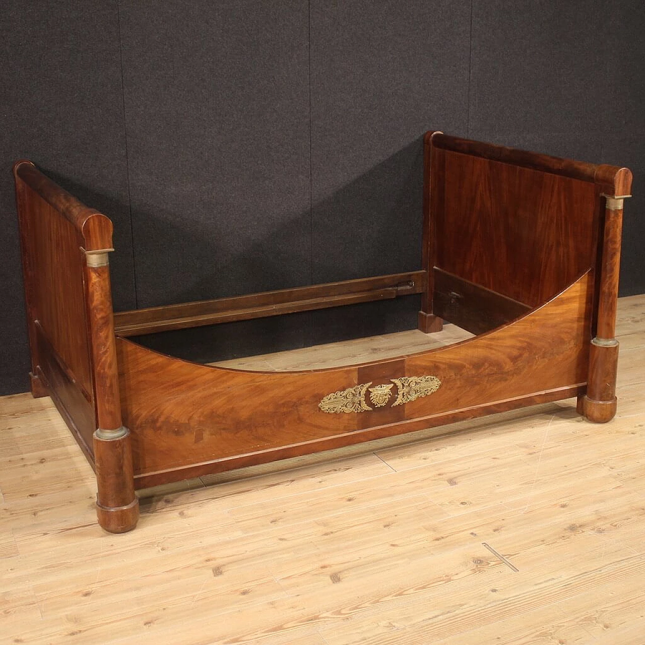 Empire wood bed with bronze and brass decorations, 19th century 1