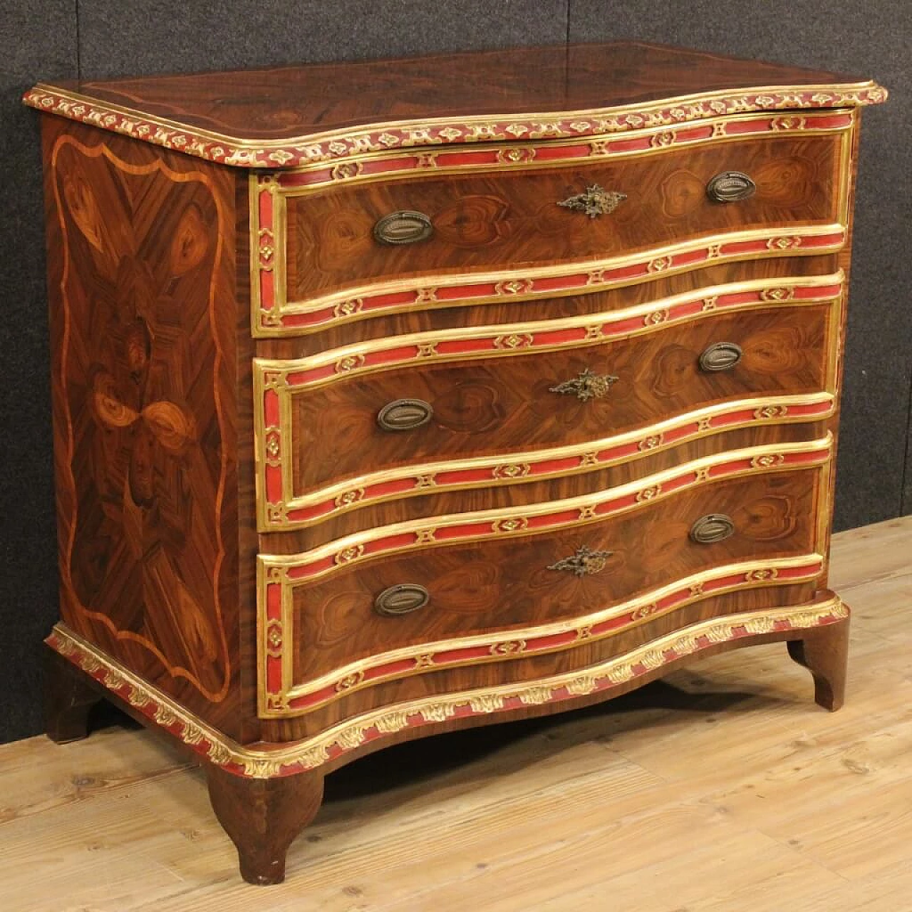 Genoese inlaid, lacquered and gilded wood dresser 1