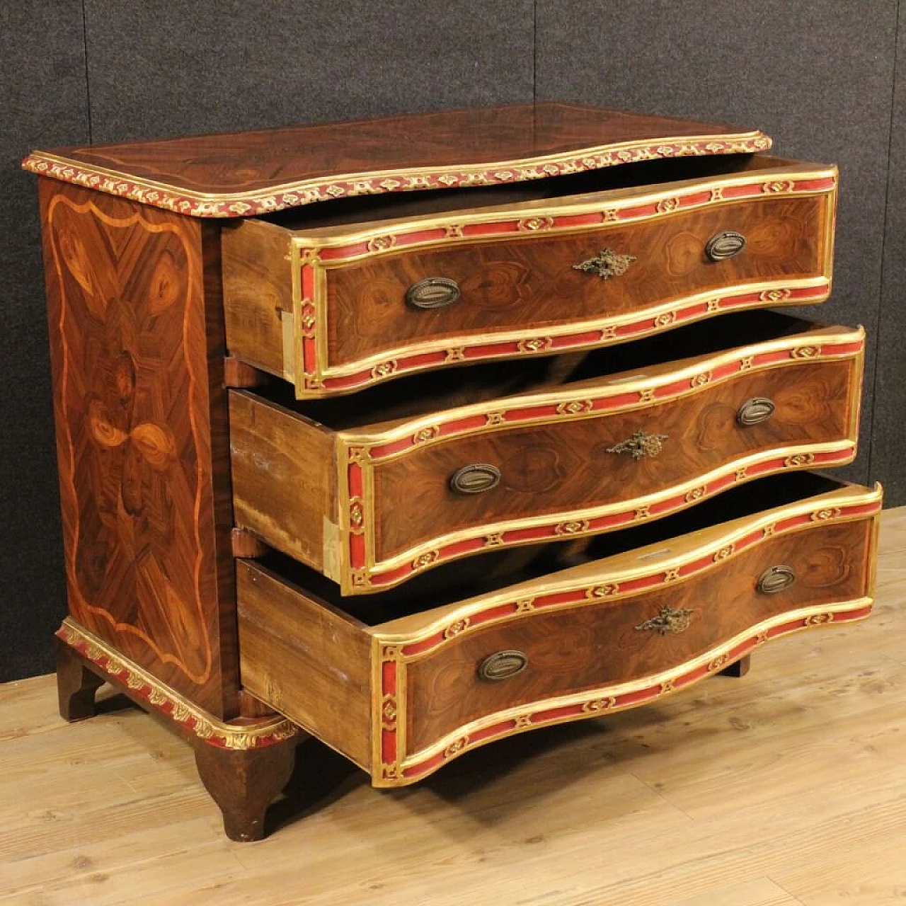 Genoese inlaid, lacquered and gilded wood dresser 11