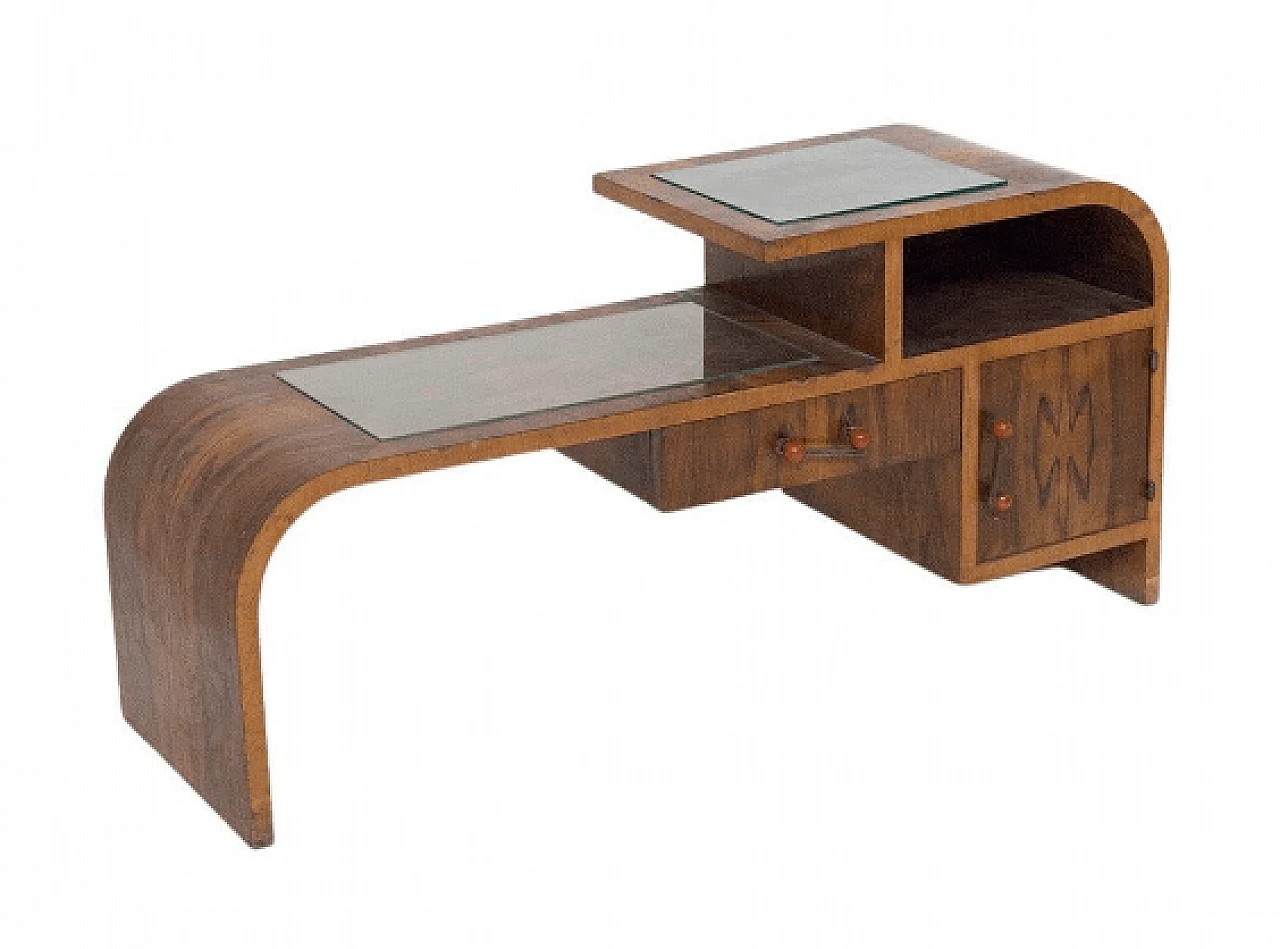 Asymmetric walnut root and glass console, 1950s 1